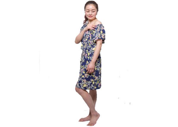 Printing Crinkled Ladies Satin Pyjamas Short Dress With Smocked At Shoulder