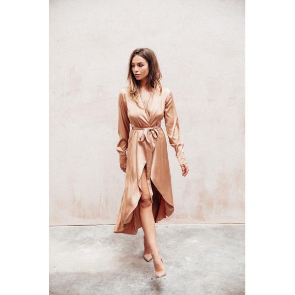 Fall Women Clothing Sexy Deep V Neck Satin Wrap Dress