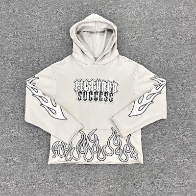 Custom Open Bell Sleeves Screen Rhinestone Print Logo Hoodies French Terry Raw Hem Cropped Hoodie Customized Size