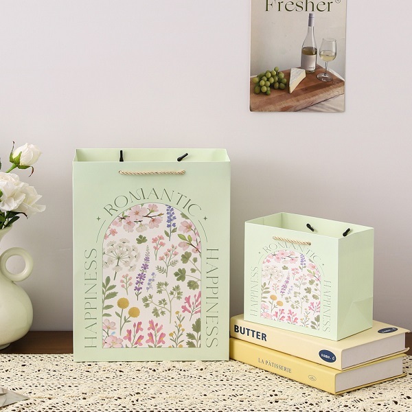 Floral Printed Paper Gift Bags with Rope Handles for Retail Packaging