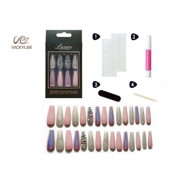 Glossy Pink Purple Hologram long coffin acrylic nails With Glitter