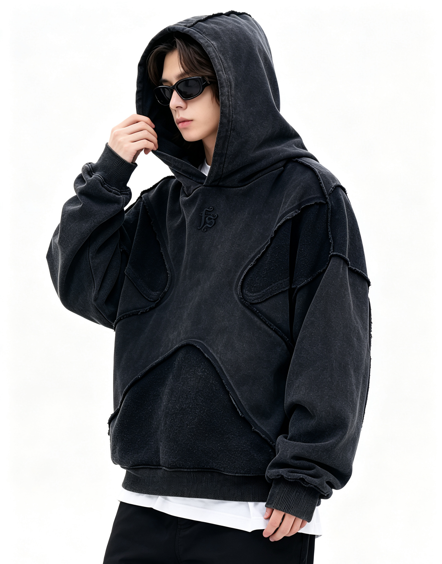 500G 100% Cotton Raw Edge Spliced Hoodie, Oversized Drop Shoulder Vintage Streetwear Pullover Hooded Sweatshirt for Bulk Wholesale