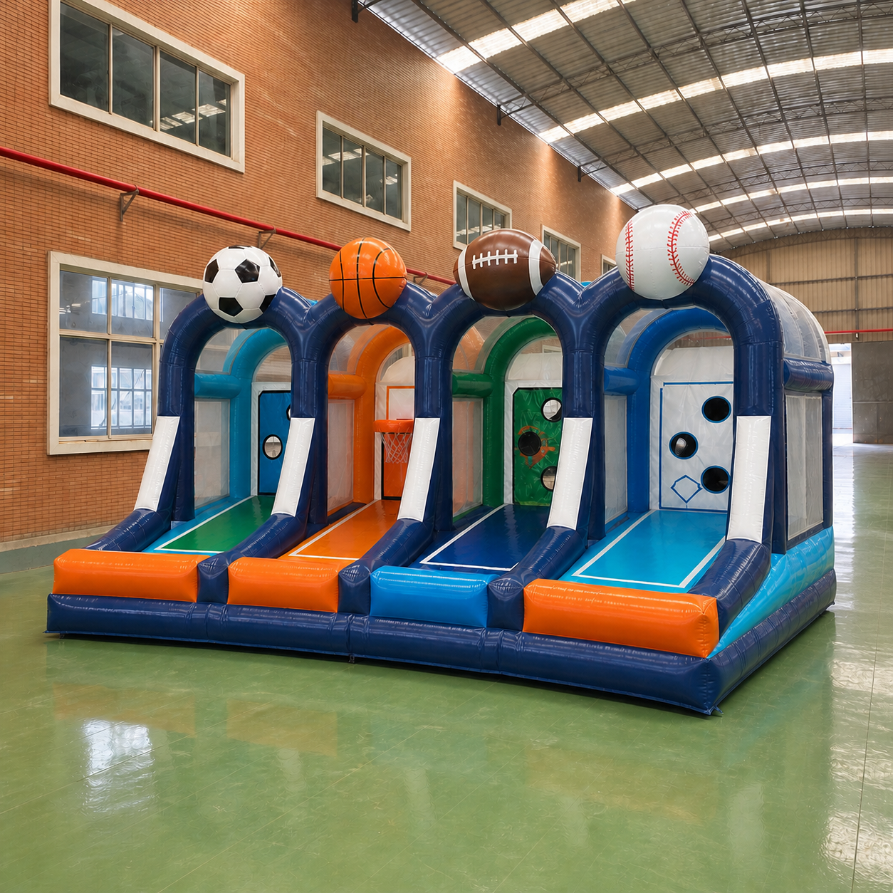 Commercial 4-in-1 Inflatable Multi-Sport Challenge Arena with Soccer Basketball Football and Baseball Target Stations for Events and Rentals