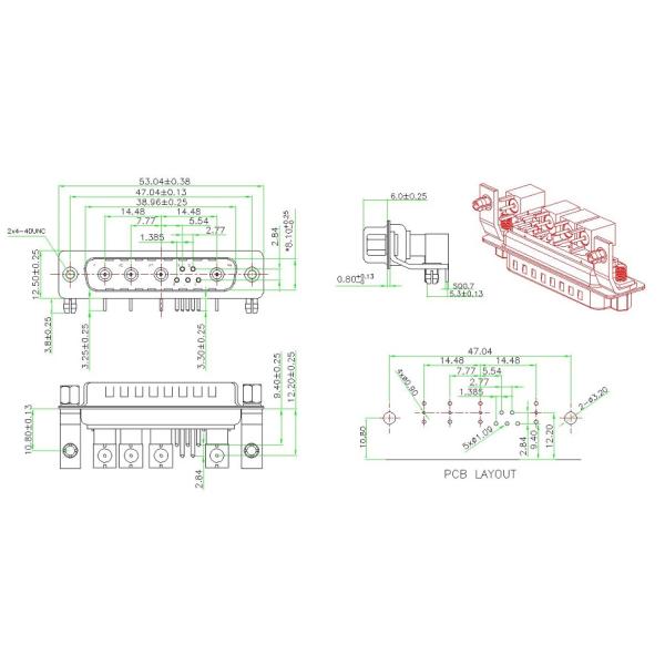 D-Sub Mixed Coaxial Connector RF / Power Righ Angle Conecector 9W4 for PCB
