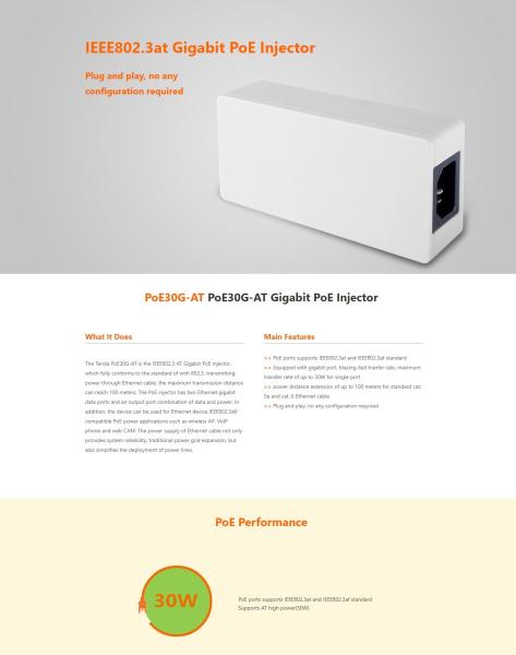 Customized Size POE30G-AT Gigabit Desktop High Power POE for Network Cameras Wifi CCTV Active Ethernet Injector Adapter