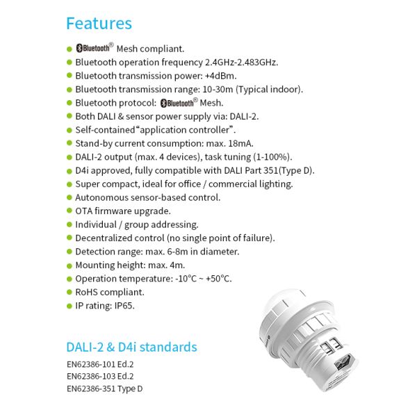 Zhaga Book20 Based SILVAIR Bluetooth Mesh PIR motion sensor, DALI-2 D4i output, self-contained 