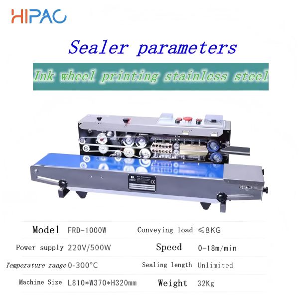 Hipac FRD1000W Electric Band Sealer with 0-18m/min Sealing Speed 220V Power Supply and Adjustable Temperature for Beverage Packaging