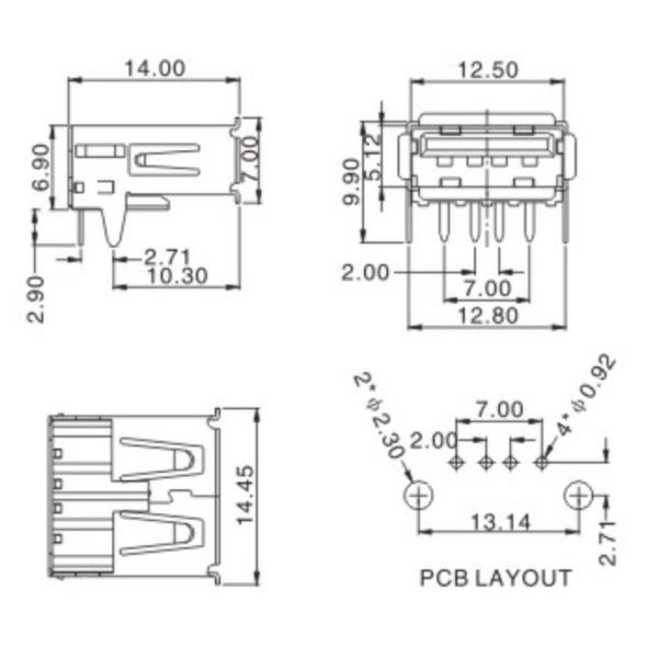 Гнездо USB 4 Pin женское 90 терминал контакта степени прямоугольный 1.5A
