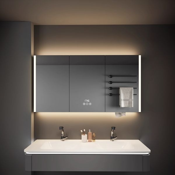 Luxury Modern LED Mirror Cabinet Anti-Fog Water Resistant Wall-Mounted Acrylic Metal Illuminated Bathroom Medicine Storage for