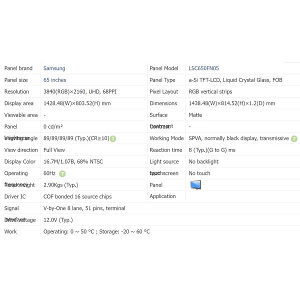 65 Inch SAMSUNG LCD Panel LSC650FN05-H02 60Hz Refresh Rate For Broken TV