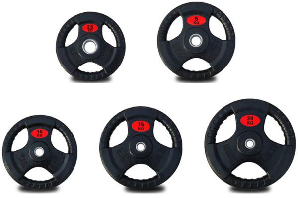 OEM Tri Grip Three Holes Steel Weight Plate Rubber Coated Bumper Plates 5kgs