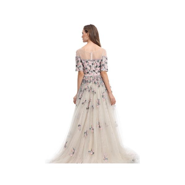 Soft Tulle Neck Embroidery Flower Wedding Bridesmaid Dresses Half Sleeve