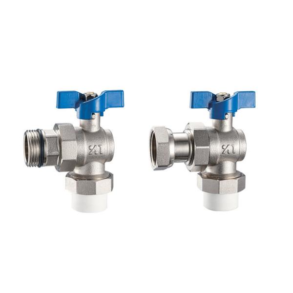 3611 3612 Angle Type Brass Ball Valve DN20 DN25 for Connections PP-R x Flex. Male Nipple, PP-R x Flex. Female Nut