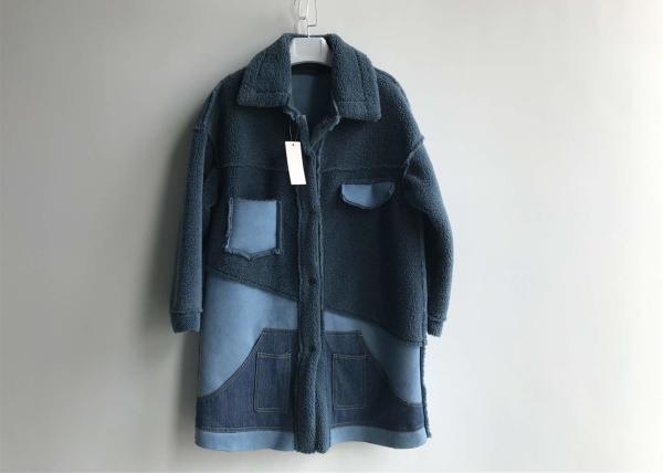 Denim Patch Pocket Sheep Faux Fur Jacket Blue Contrast Long Shearling Blocked Coats