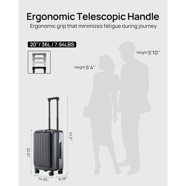 22 x 14 x 9 companhia aérea aprovada, bagagem de 20 polegadas com compartimento de laptop frontal, rodas de dupla rotação, PC de lado duro