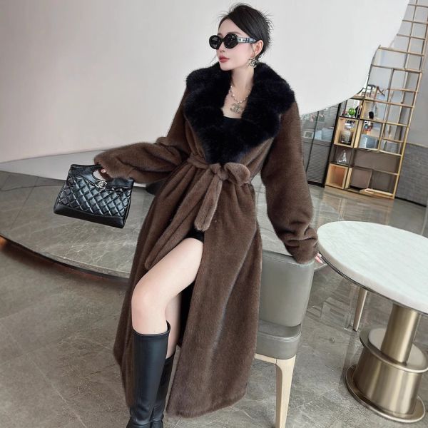 Elegant Plus Size  Long Faux Fur Coat Dark Brown  Faux Ladies Coats V Neck