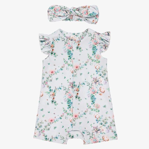 2pcs Sets Baby Cute Casual Summer Breathable Allover Flower Printed Falbala Sleeve Baby Jumpsuit