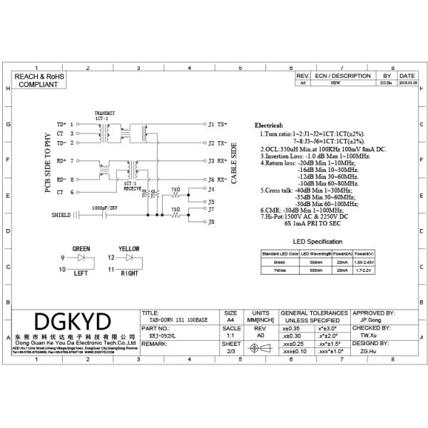 Порт Джек Magnetics PoE RJ45 сети с трансформатором локальных сетей 10/100M