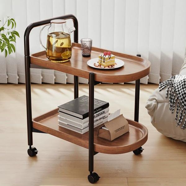 Nordic Sofa Side Table Small Coffee with Wheel Storage Cart in Living Room and Bedroom, Bedside Simple Two Layer Platform