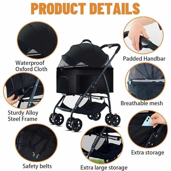 Foldable Pet Stroller Lightweight Portable Travel Dog Cat Stroller with Storage Basket & Safety Brakes