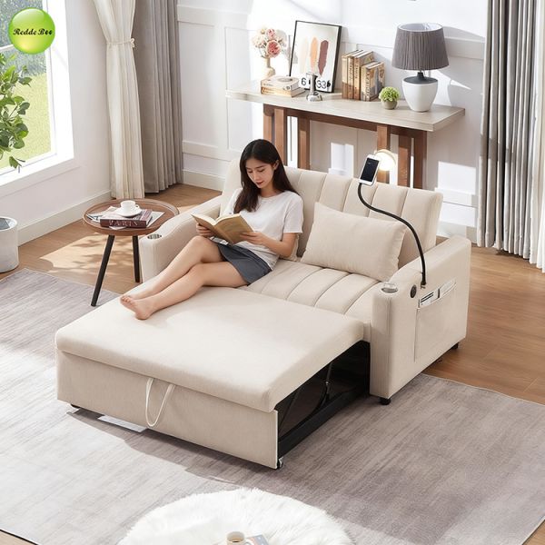 Modern Fabric Pull Out Sofa Bed with USB Charging Port & Cup Holder Saving-Sapce 2 Seater Sofa Convertible Sleeping Folding Sofa Bed
