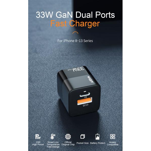 Порты огнеупорного заряжателя ПК 33W GaN двойные голодают заряжатель для мобильного телефона