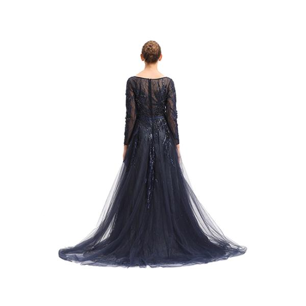 Fashion Dark Blue Tulle Fabric Ladies Evening Dresses / Formal Party Gowns