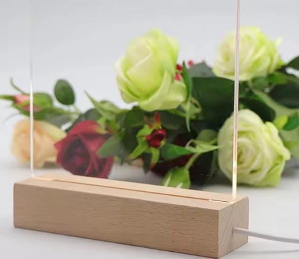 Entrega Rápida LED acrílico stand de luz com base de madeira decoração de lâmpada de noite