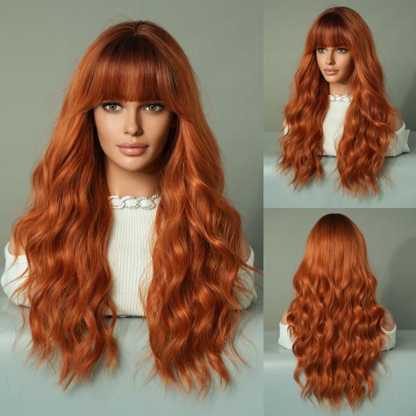 Fashion Long Body Wave Dark Root Hair Orange Synthetic Wigs For Women