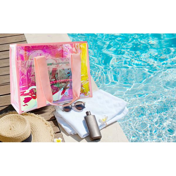 Holographic Iridescent Tote Bag Clear Travel Beach Bag Iridescent Shoulder Bag with Phone Pouch Waterproof Travel Tote for Women Work, Travel, Gym, Beach and Pool