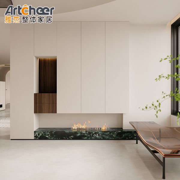 Modern Wall Mounted TV Cabinet with Fireplace Design White Lacquer Finish and Adjustable Height