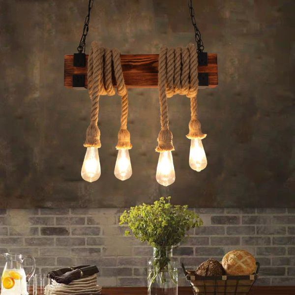 Vintage Loft Industrial Wooden Chandelier Restaurant Lighting Lamp Bar Coffee Bar  Rope Chandelier(WH-VP-219)