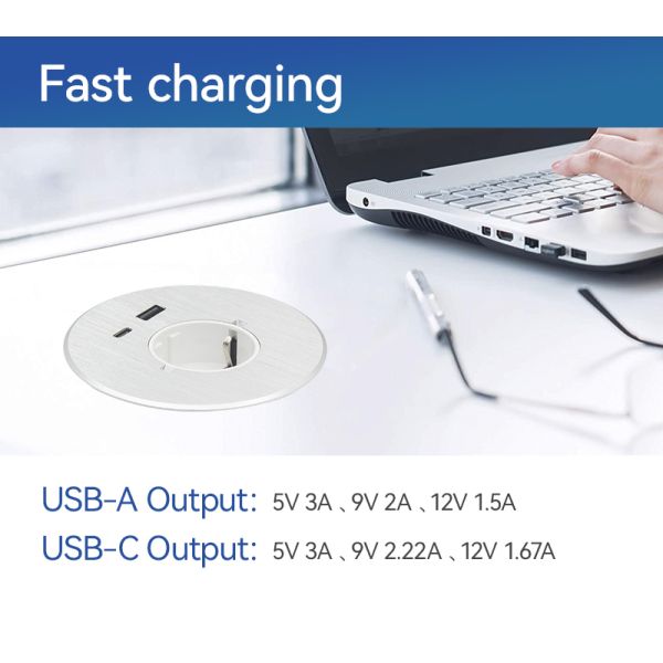 German Schuko Desk Power Grommet Electrical Socket With PD 20W 80mm For Office Furniture
