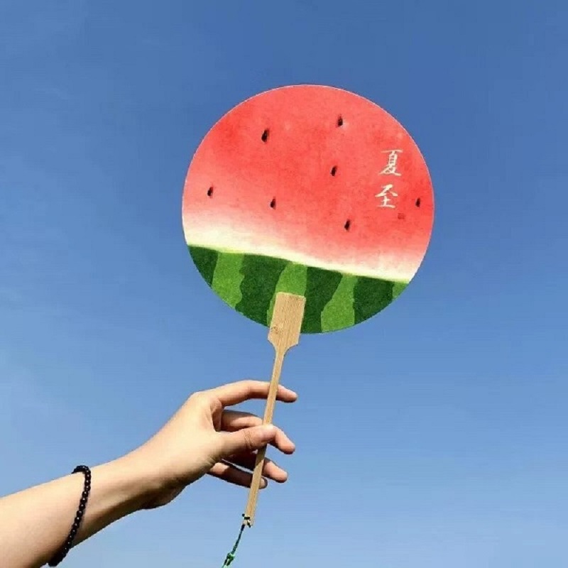 Creative Watermelon Pattern Round Paper Hand Fans With Wooden Handles
