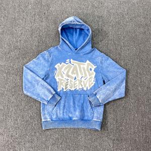 Custom logo Retro French Terry Blue Distressed Hoodie Acid Wash Vintage Pullover