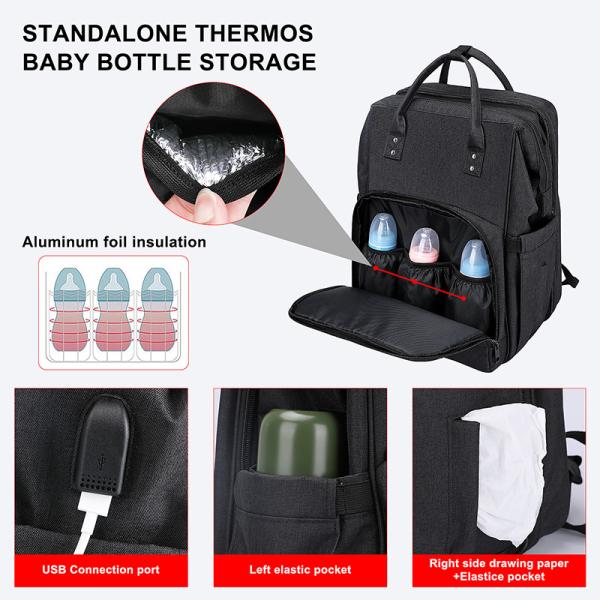 Baby Diaper Tote Bags Backpack Black Insulated Bottle Storage 14X9X16