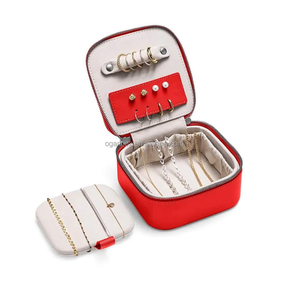 OEM Custom Logo Leather Jewelry Travel Box Portable Ring Zipper Velvet Storage Case