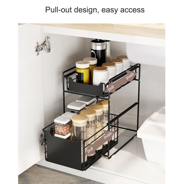 Upgraded Foldable Push-pull Metal Double-layer Bathroom Storage Organizer Under Sink Storage Rack for Kitchen Cabinet Countertop