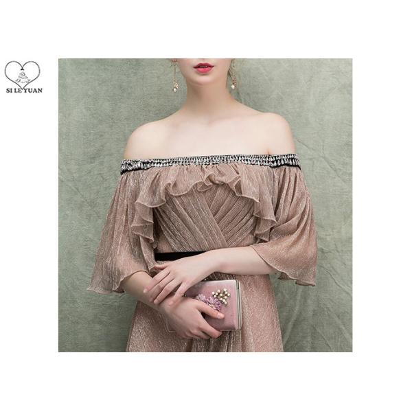 Gold Brown Princess Ball Gown Off Shoulder Long Tail With Puffy Ruffles Pleats