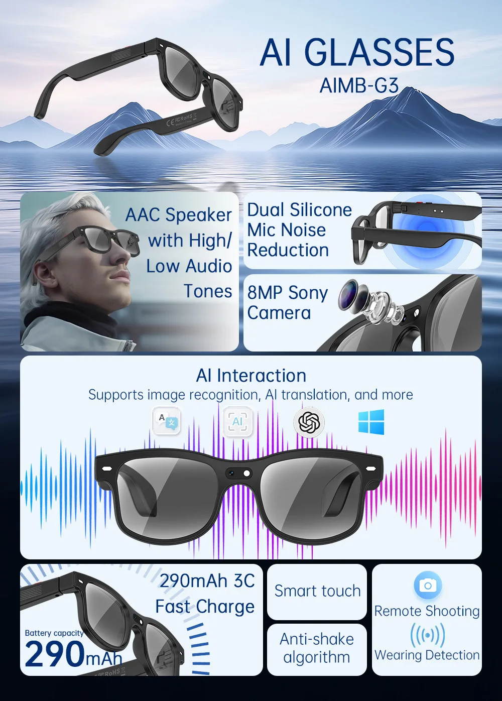 G3 AI Smart Glass With 8MP HD Camera Microphone Speakers