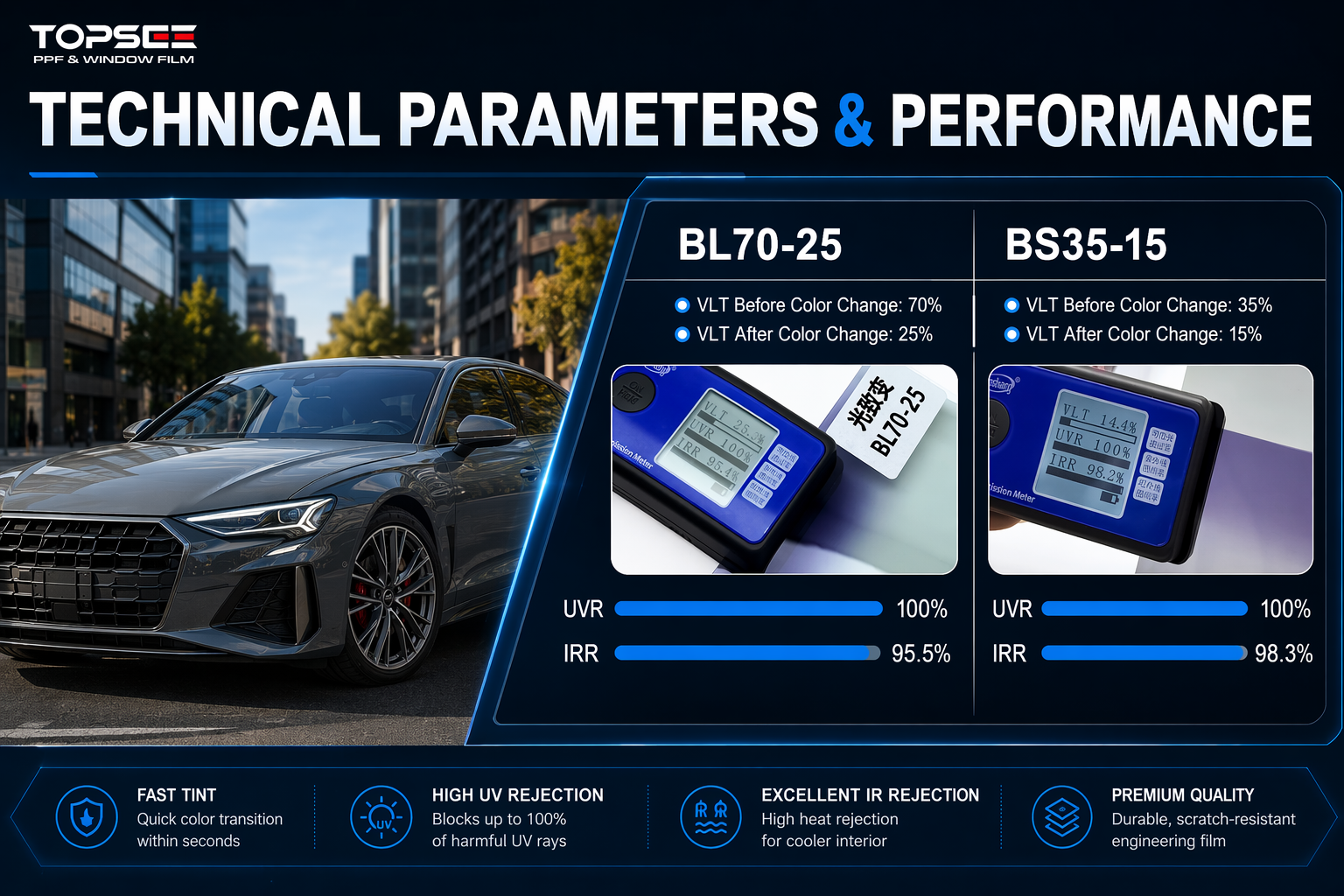 Photochromic Window Tint 2mil Self-Tinting VLT 70%-25% UV Reactive OEM