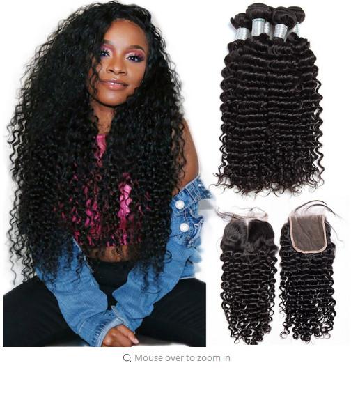 Deep wave Peruvian Virgin Unprocessed Human Hair Bundles With Closure 4 By 4