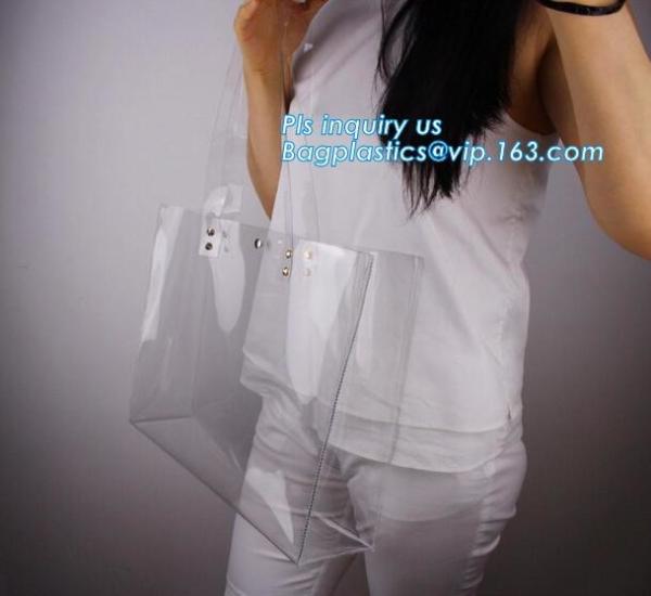 patch handle pe die cut large clear plastic bags with your own logo, pvc tote bag with leather handles tote bag PVC hand