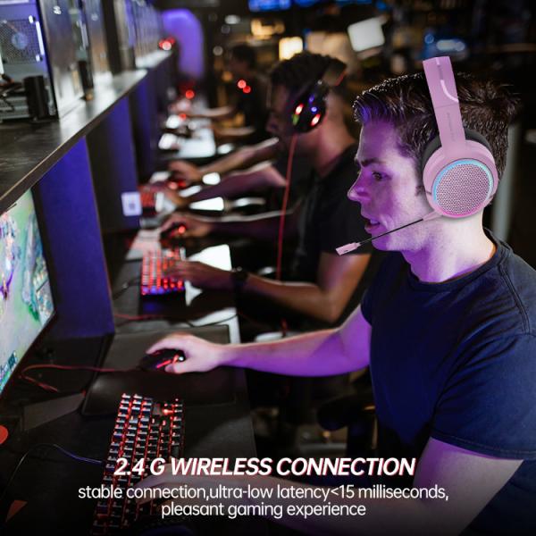 2.4ghz Pink Wireless Gaming Headset For PC Cord Length 2.2M Audio Jack USB