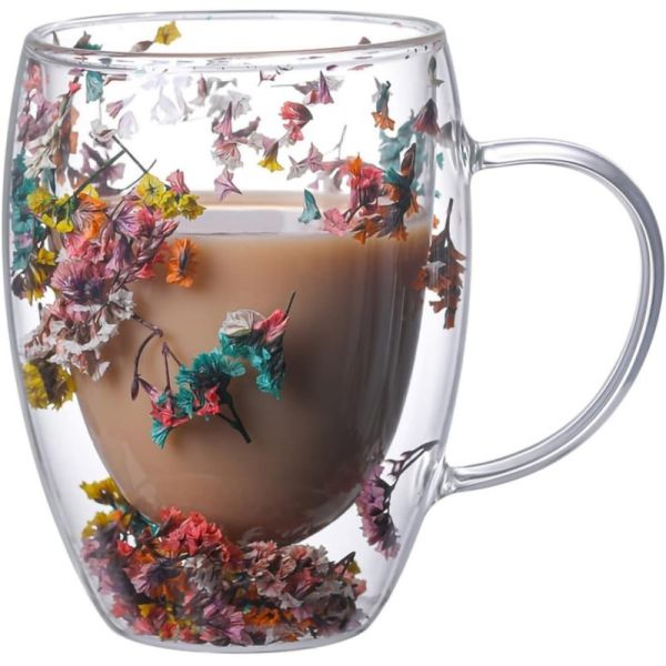 350ml 12OZ Heat Resistance Double Wall Coffee Cups With Dry Flower Transparent Color