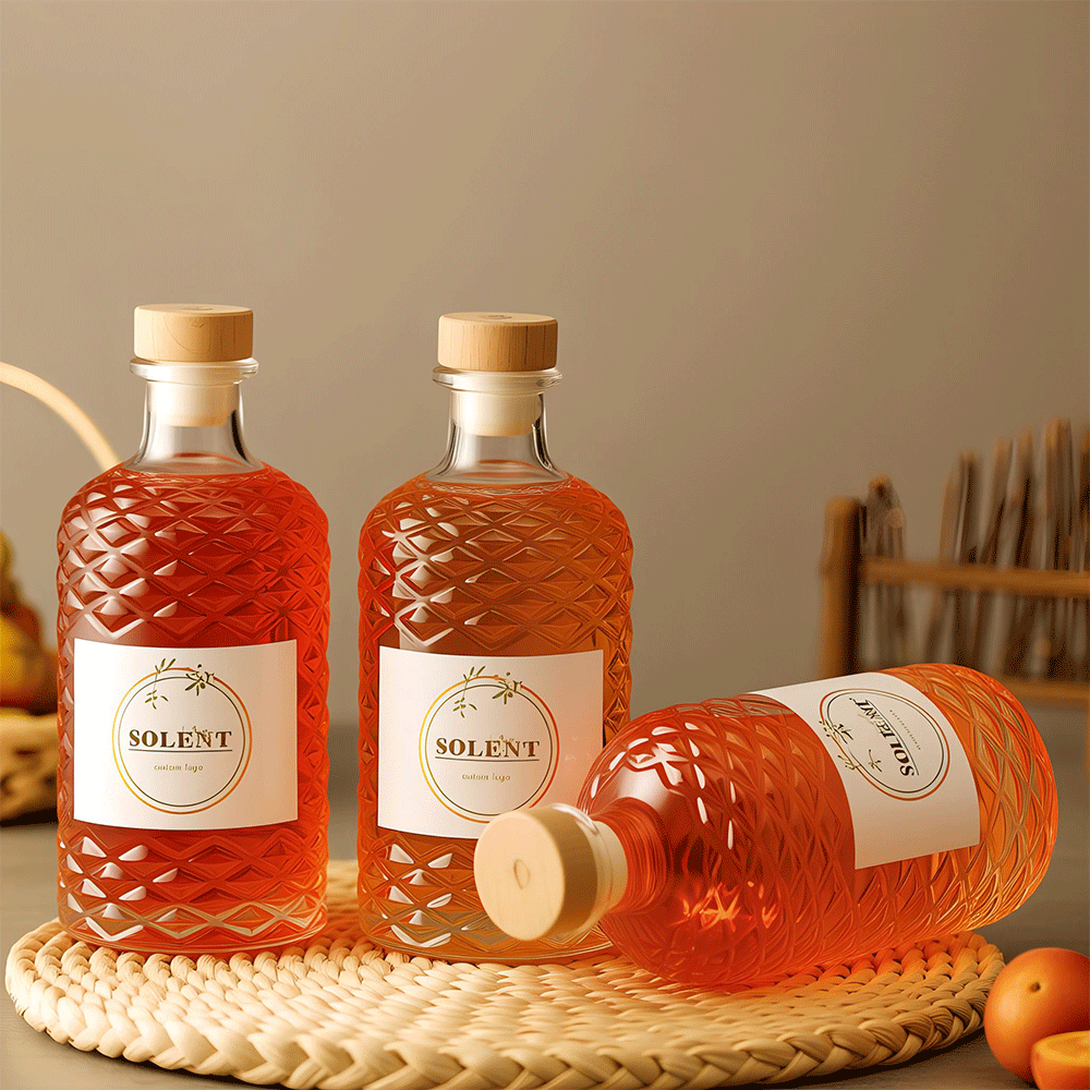 500ml Thick Wall Cylindrical Embossed Spirit Bottle Packaging With Wood Cork
