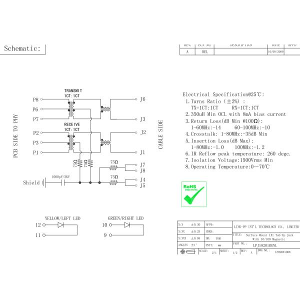 Разъем высокой эффективности SMT RJ45 креста MIC2412A-5108X-LF LPJ19201BGNL