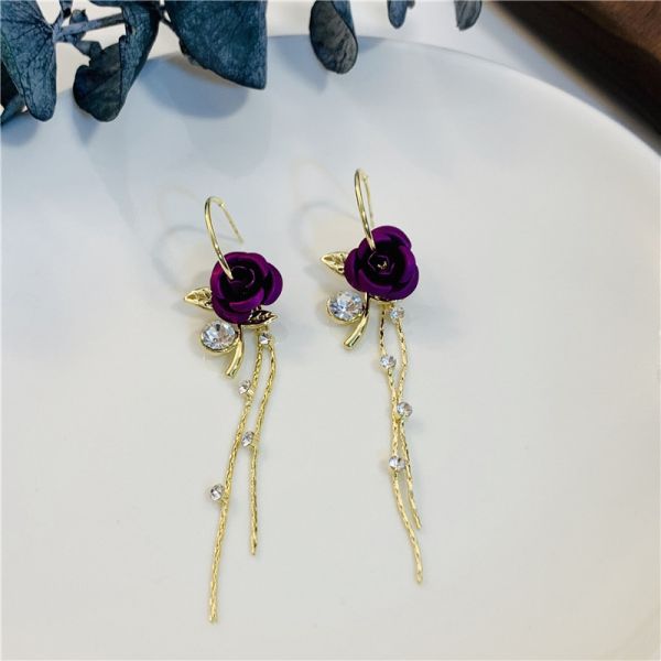 2025 New Arrival Fashion Fancy Pretty Purple Rose Zircon Long Tassel Earrings for Women