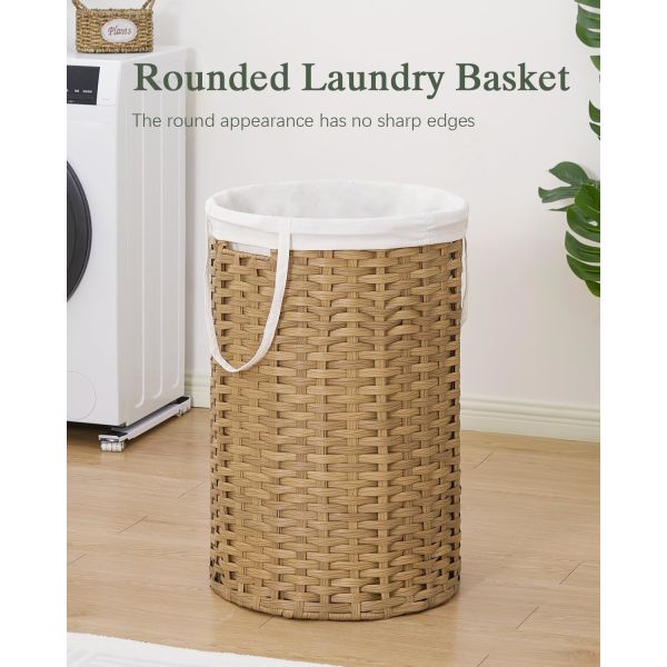 Large Laundry Hamper Laundry Basket Round Handwoven Wicker Laundry Baskets Rattan Laundry Basket With Removable Bag Handles 2 Mesh Bags For Living Room Bedroom Natural