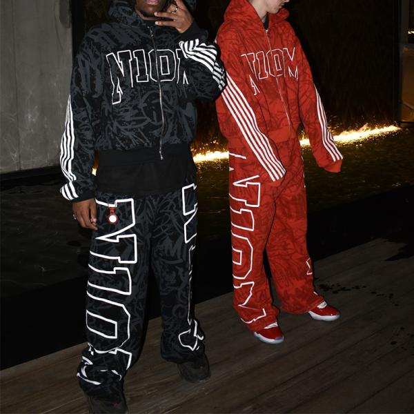 Clothing Manufacturers Custom Full Print Letter Logo Zip up Hoodies Stacked Straight Bagyy Oversized Hoodie and Sweatpants Set